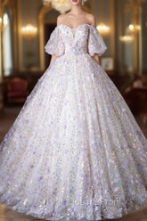 Beautiful Floral Tulle Pearl Sequins Evening Prom Dress, A-Line Puffy Short Sleeve Evening Party Dress
