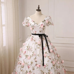 Beautiful Flowers Ball Gown Long Party Dress, Short Sleeves Evening Prom Dress