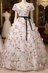 Beautiful Flowers Ball Gown Long Party Dress, Short Sleeves Evening Prom Dress
