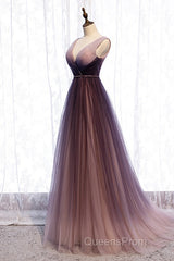 Beautiful Gradient V-Neckline Tulle Long Evening Prom Dress Party Dress, Gradient Evening Gown