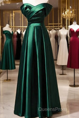Beautiful Green Satin A-Line Off Shoulder Evening Prom Dress, Green Evening Dress Party Dress