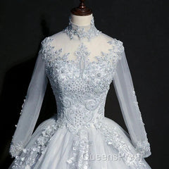 Beautiful Grey A-Line Long Sleeves With Lace Party Gown Sweet 16 Dress Evening Prom Dress