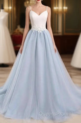 Beautiful Light Blue Tulle And White Top Long Wedding Party Gowns, Straps Junior Evening Prom Dress