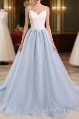Beautiful Light Blue Tulle And White Top Long Wedding Party Gowns, Straps Junior Evening Prom Dress