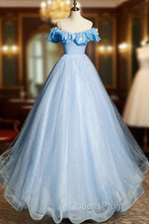 Beautiful Light Blue Tulle Off Shoulder Sweet 16 Dress, Light Blue Evening Dress