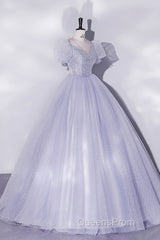 Beautiful Light Blue Tulle Sequins Evening Prom Dress, Scoop Neck Short Sleeve Puffy Floor-Length Evening Dress