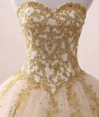 Beautiful Light Champagne Ball Gown Party Dress, Sweet 16 Dress With Gold Applique