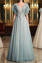 Beautiful Light Green Tulle Long Party Dress, Green Lace Low Back Evening Prom Dress Evening Dress