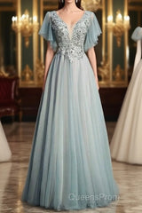 Beautiful Light Green Tulle Long Party Dress, Green Lace Low Back Evening Prom Dress Evening Dress