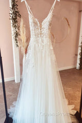 Beautiful Long A-line Backless Tulle Wedding Dress with Appliques Lace