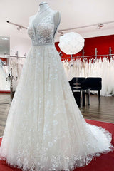 Beautiful Long A-Line Lace Appliques Tulle Open Back Wedding Dress