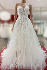 Beautiful Long A-line Strapless Tulle Ivory Wedding Dress with Appliques Lace