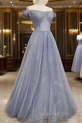 Beautiful Long Strapless Blue Tulle Beaded Long, A Line Off Shoulder Evening Prom Dress