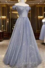 Beautiful Long Strapless Blue Tulle Beaded Long, A Line Off Shoulder Evening Prom Dress