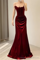 Beautiful Mermaid Strapless Red Velvet Long Prom Dress