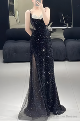 Beautiful Mermaid Straps Slit Black Long Prom Dress