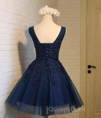 Beautiful Navy Blue Knee Length Homecoming Dress, V-Neckline Short Formal Dress