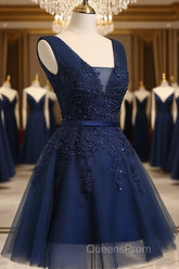 Beautiful Navy Blue Knee Length Homecoming Dress, V-Neckline Short Formal Dress