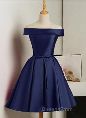 Beautiful Navy Blue Satin Knee Length Homecoming Dress, Blue Short Evening Prom Dress