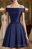 Beautiful Navy Blue Satin Knee Length Homecoming Dress, Blue Short Evening Prom Dress