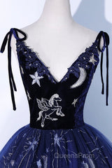 Beautiful Navy Blue Tulle Long Evening Prom Dress, Spaghetti Straps Lace Flower Backless Formal Dress