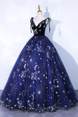 Beautiful Navy Blue Tulle Long Evening Prom Dress, Spaghetti Straps Lace Flower Backless Formal Dress