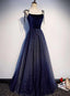 Beautiful Navy Blue Tulle Straps Long Velvet Party Dress, Blue Classy Prom Dress