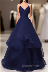 Beautiful Navy Blue Tulle V-neckline Straps Long Party Dress, Blue Evening Gown