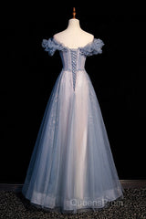 Beautiful Off Shoulder Puffy Sleeves Beaded Party Dress Evening Prom Dress, Blue Evening Gown