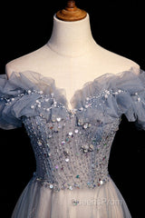 Beautiful Off Shoulder Puffy Sleeves Beaded Party Dress Evening Prom Dress, Blue Evening Gown