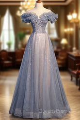Beautiful Off Shoulder Puffy Sleeves Beaded Party Dress Evening Prom Dress, Blue Evening Gown