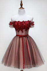 Beautiful Off Shoulder Tulle Knee Length Party Dress , Red Homecoming Dress With Applique