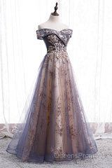 Beautiful Off Shoulder Tulle With Lace Long Evening Gown, Floor Length Evening Prom Dress