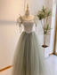 Beautiful Pea Green A-Line Square Neck Puff Sleeve Tulle Long Classy Prom Dress Bridesmaid Dress