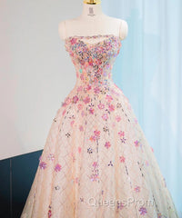 Beautiful Pink Beaded Flowers A-Line Strapless Long Evening Prom Dress Gorgeous Formal Evening Dress