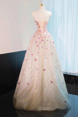 Beautiful Pink Beaded Flowers A-Line Strapless Long Evening Prom Dress Gorgeous Formal Evening Dress