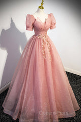 Beautiful Pink Tulle Floor Length Evening Prom Dress, Cute Short Sleeve Evening Dress