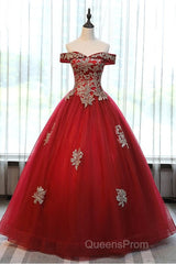 Beautiful Red Off Shoulder Long Sweet 16 Dress With Gold Lace Top, Party Dress