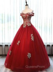 Beautiful Red Off Shoulder Long Sweet 16 Dress With Gold Lace Top, Party Dress