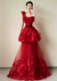 Beautiful Red One-Shoulder Strapless 3D Floral Layered Tiered Tulle Long Classy Prom Dress