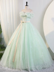 Beautiful Sage Green Tulle Floor Length Evening Prom Dress, A-Line Off The Shoulder Evening Part Dress