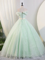 Beautiful Sage Green Tulle Floor Length Evening Prom Dress, A-Line Off The Shoulder Evening Part Dress