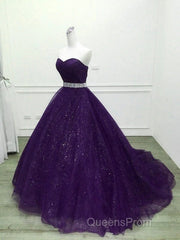 Beautiful Shiny Purple Tulle Beaded Ball Gonw Party Dress, Purple Evening Prom Dress