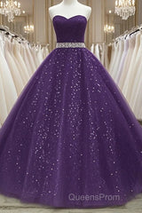 Beautiful Shiny Purple Tulle Beaded Ball Gonw Party Dress, Purple Evening Prom Dress
