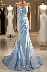 Beautiful Spaghetti Strap Mermaid Glitter Satin Long Evening Prom Backless Applique Evening Gown Simple Wedding Dress