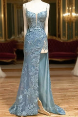 Beautiful Tiffany Blue Spaghetti Straps Tulle Applique Long Evening Prom Dress Sequined Evening Dress With Slits
