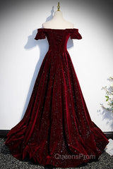 Beautiful Wine Red Off Shoulder Velvet Long Party Dress, A-Line Dark Red Evening Prom Dress