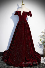 Beautiful Wine Red Off Shoulder Velvet Long Party Dress, A-Line Dark Red Evening Prom Dress
