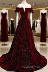 Beautiful Wine Red Off Shoulder Velvet Long Party Dress, A-Line Dark Red Evening Prom Dress