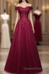 Beautiful Wine Red Tulle Sweetheart Long Evening Prom Dress, A-Line Party Dress